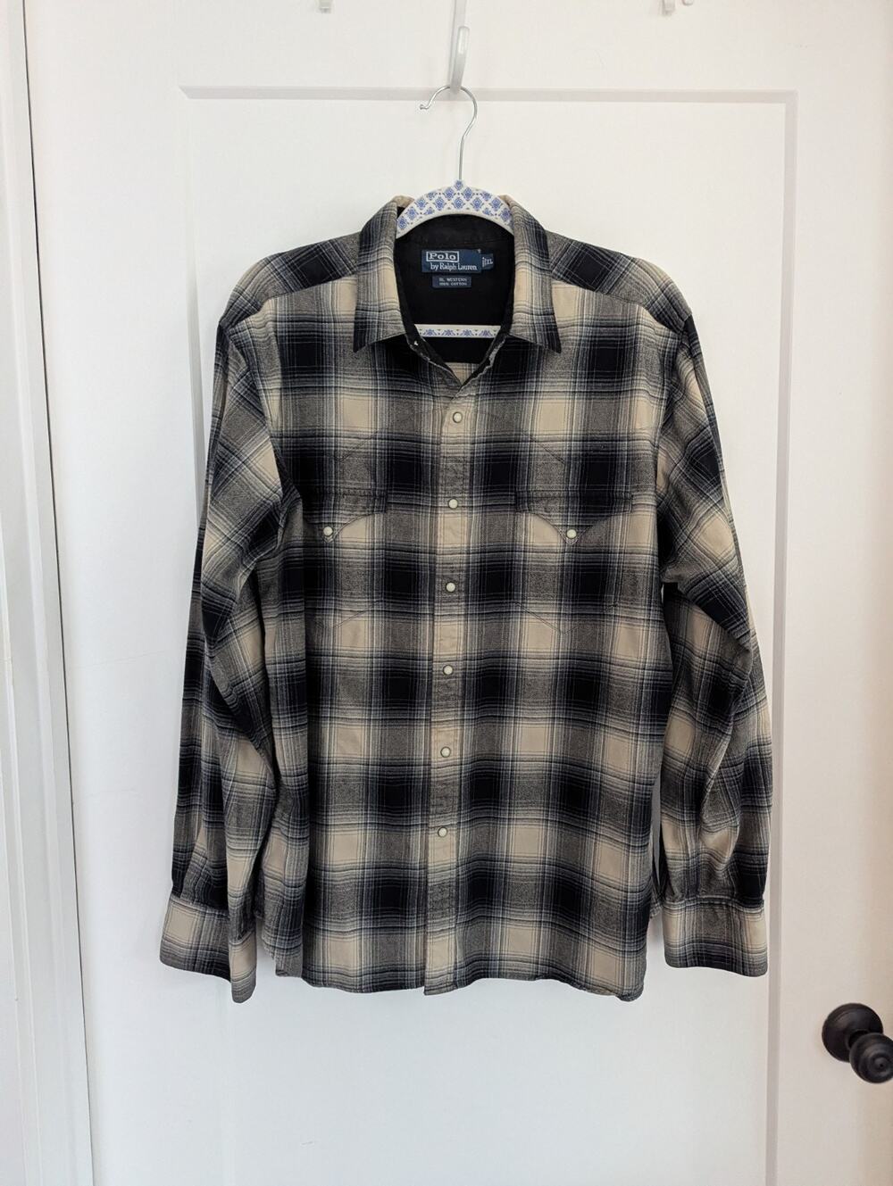 VTG Polo Ralph Lauren RL Western Pearl Snap Flannel Shirt XL Blue/White Cowboy